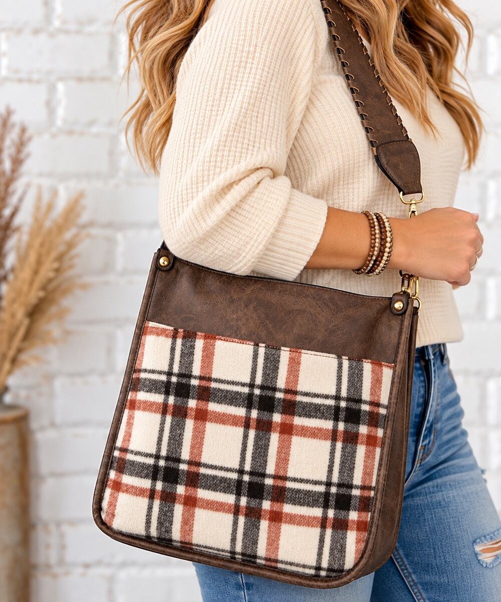 JEN & CO Brown Plaid Crossbody Shoulder Bag Whipstitch Wide Strap Boho Purse